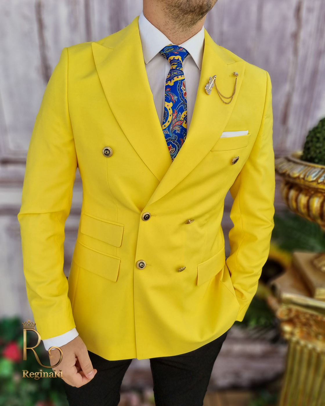 Sacou de barbati, Reginald Slim-Fit, galben, calitate Super wool 200`S - SC564 - imagine 3