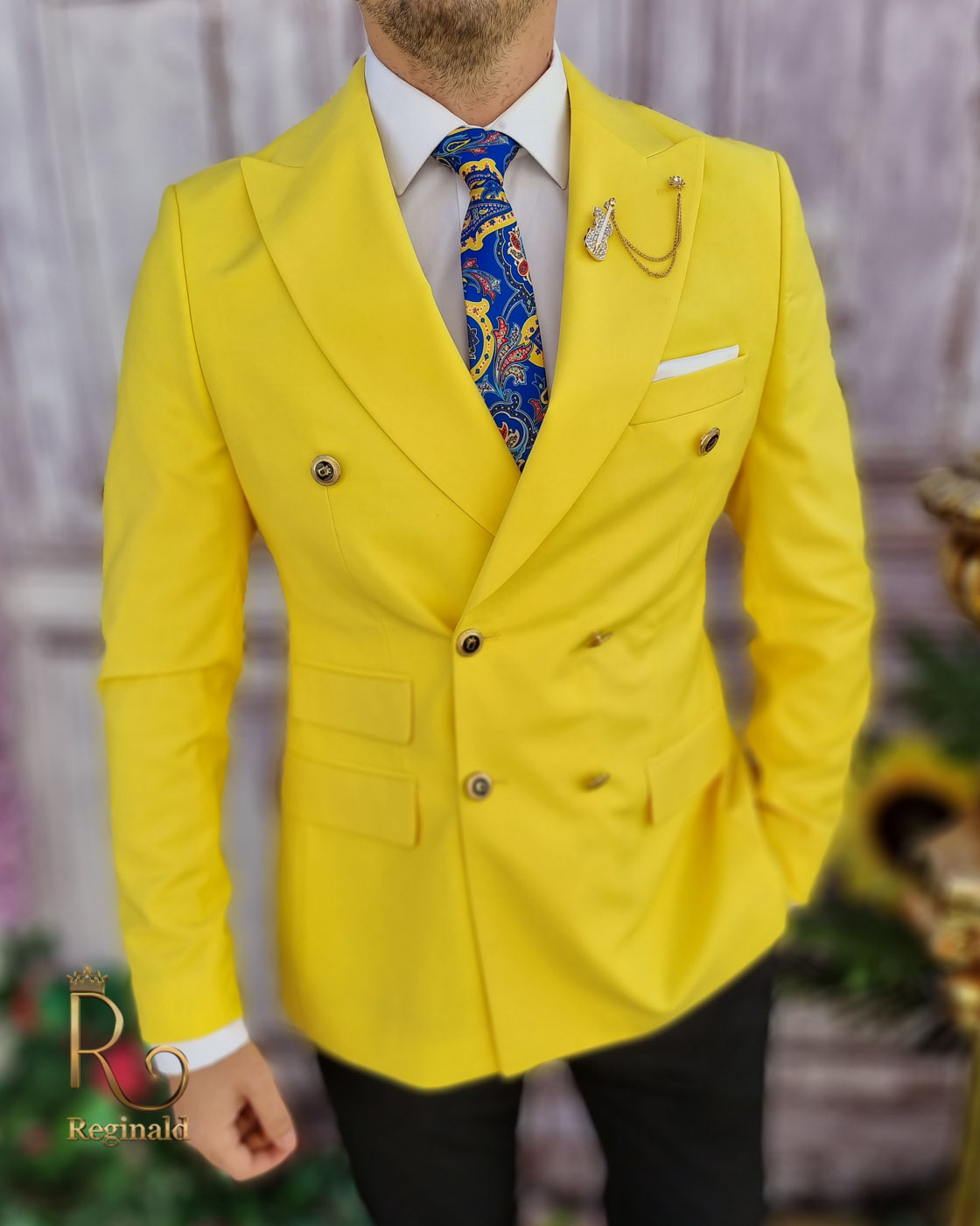 Sacou de barbati, Reginald Slim-Fit, galben, calitate Super wool 200`S - SC564 - imagine 4