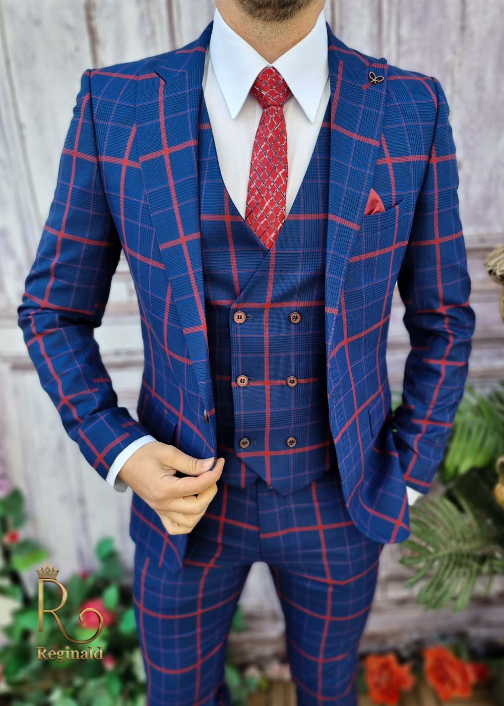 Costum de barbati slim-fit albastru in carouri, Sacou+Vesta+Pantalon - C3381 - imagine 2