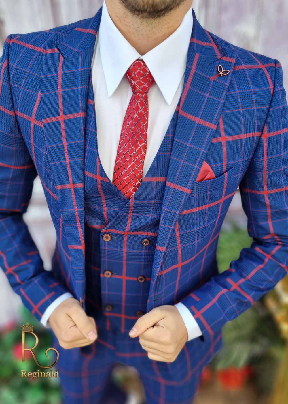 Costum de barbati slim-fit albastru in carouri, Sacou+Vesta+Pantalon - C3381 - imagine 3