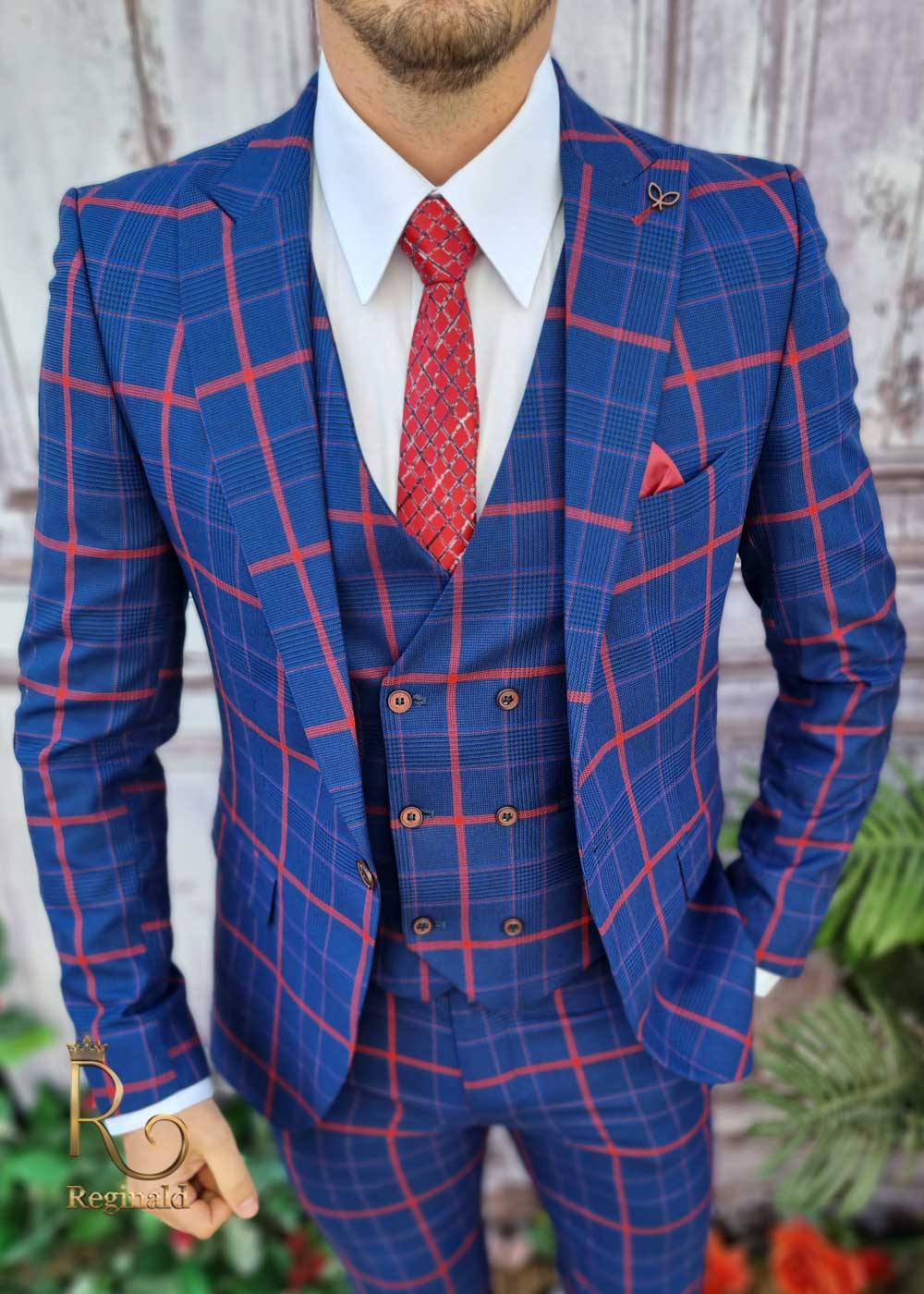 Costum de barbati slim-fit albastru in carouri, Sacou+Vesta+Pantalon - C3381 - imagine 4