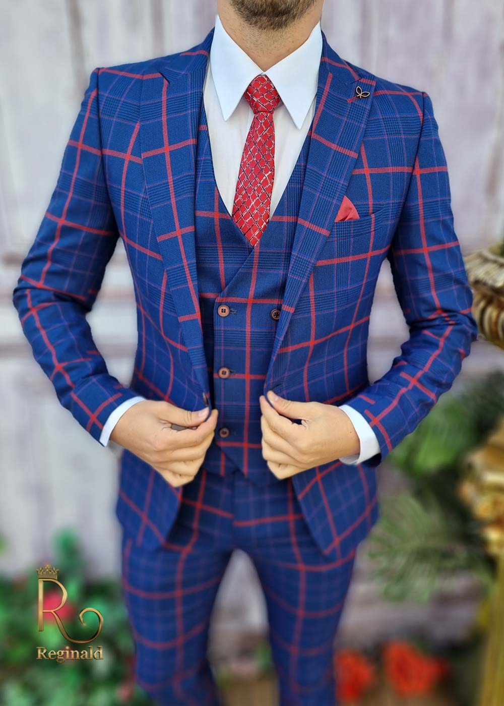 Costum de barbati slim-fit albastru in carouri, Sacou+Vesta+Pantalon - C3381