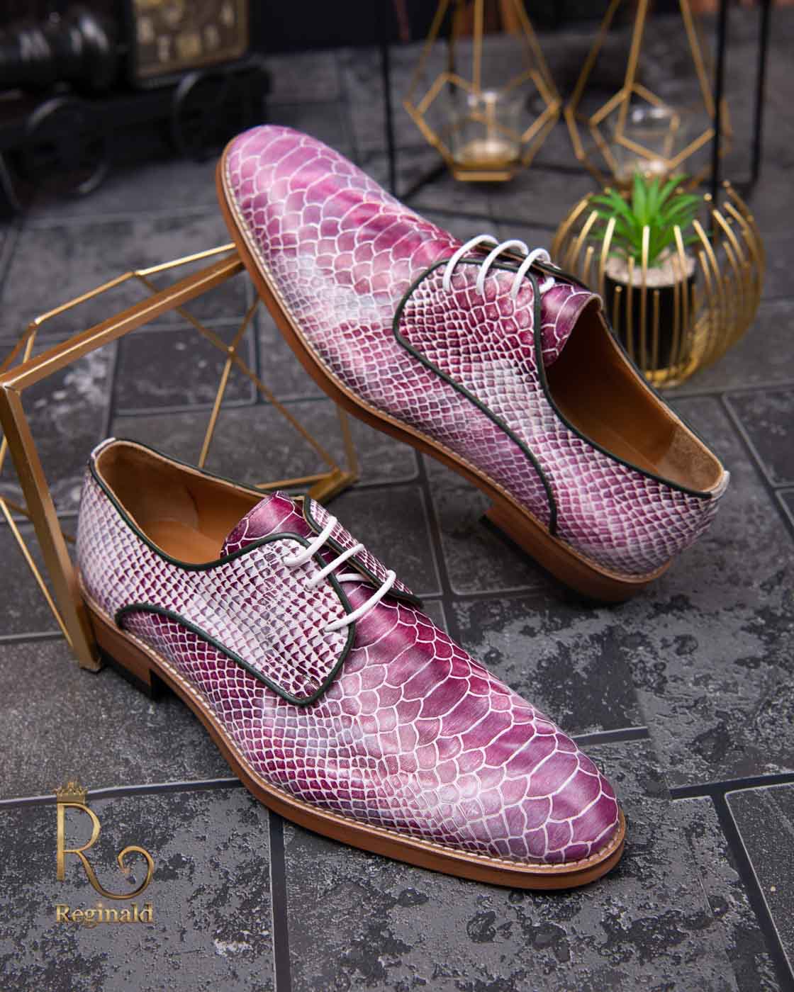 Pantofi Reginald de bărbați, cu șiret, pink/white, piele naturala - P1464
