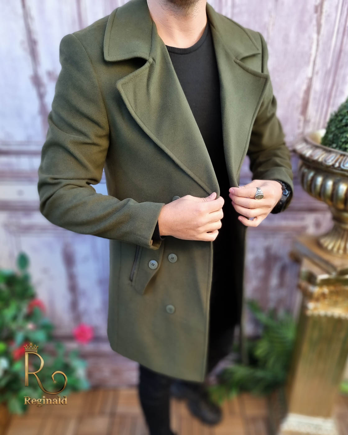 Palton de barbati verde,lung, croiala slim-fit - PT413