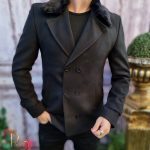 Palton de barbati negru, cu blana la guler, croiala slim-fit - PT410