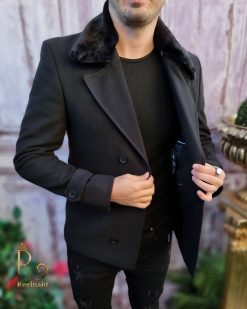 Alternative view of Palton de barbati negru, cu blana la guler, croiala slim-fit - PT410