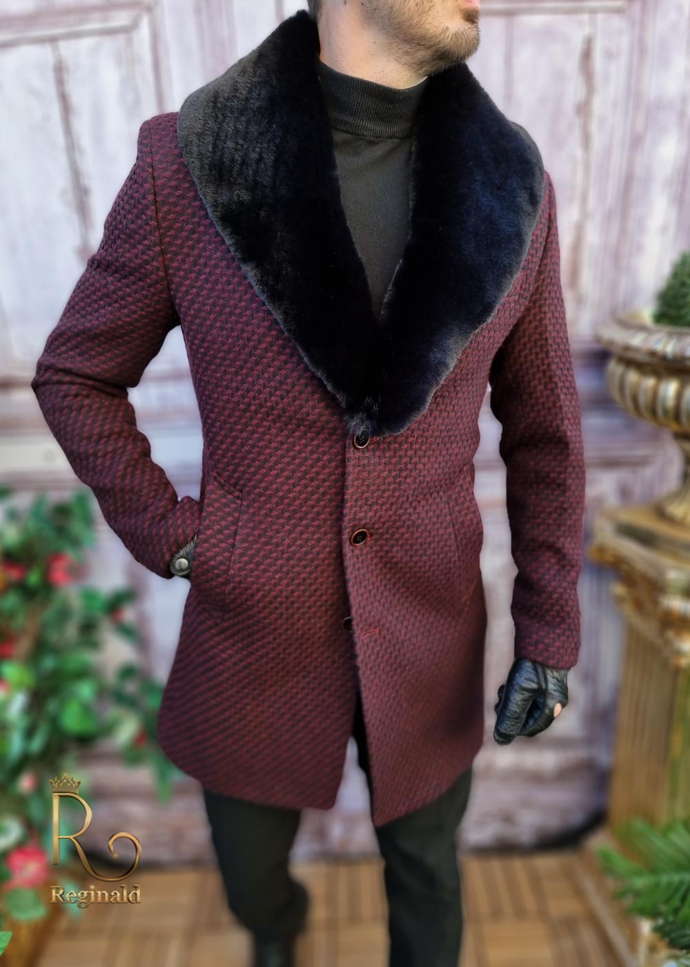 Manteau homme, long, avec fourrure au col, coupe cintrée - PT398