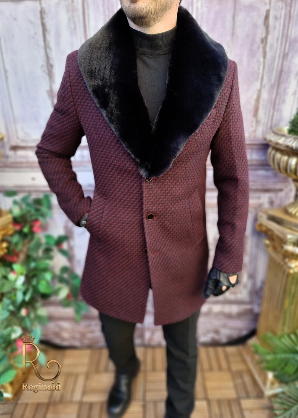 Palton de barbati, lung, cu blana la guler, croiala slim-fit - PT398