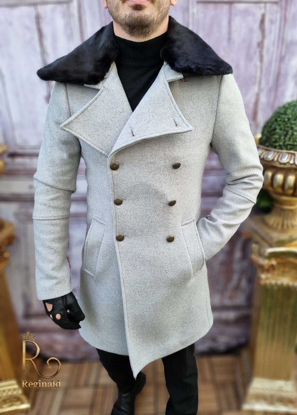 Palton barbati, Slim-Fit, gri, guler de blana PT418