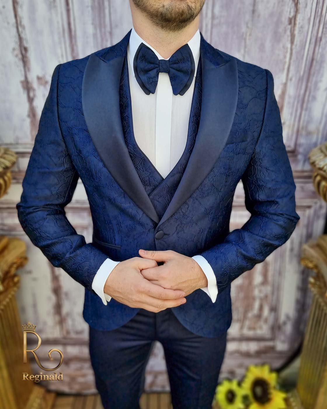 Costum ceremonie , Bleumarin, Sacou-Vesta-Pantalon-Papion - C3503 - imagine 2