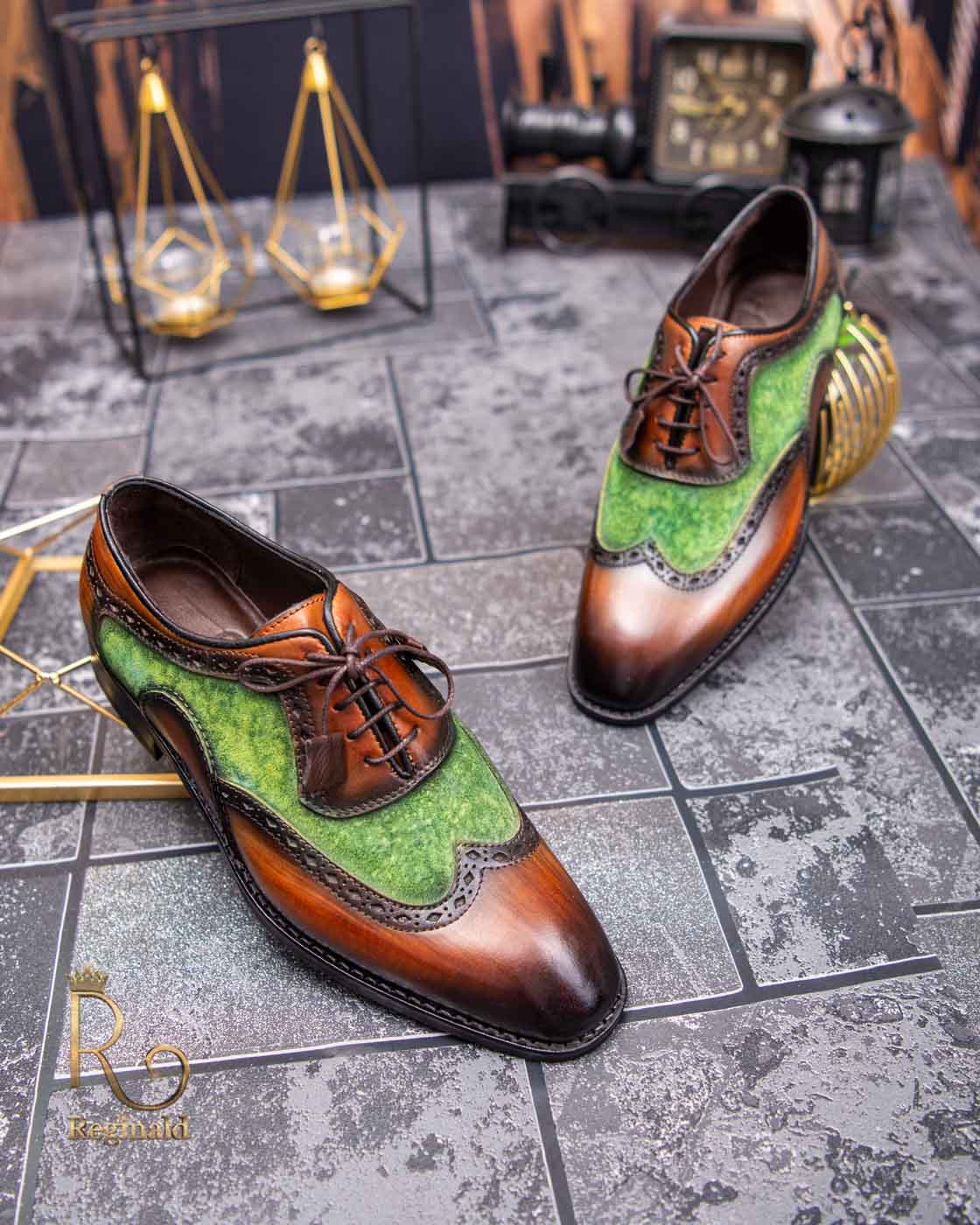Pantofi eleganți de bărbați din piele naturala, Maro Verde catifea - P1518