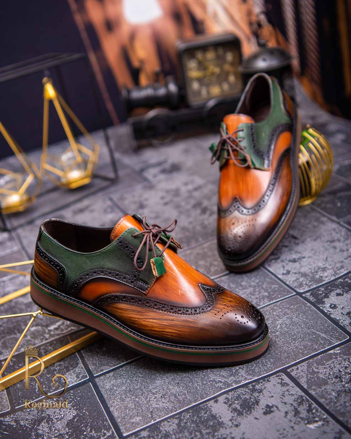 Pantofi Casual de bărbați, din piele naturala, Maro /Verde cu talpa înaltă - P1506 - imagine 3