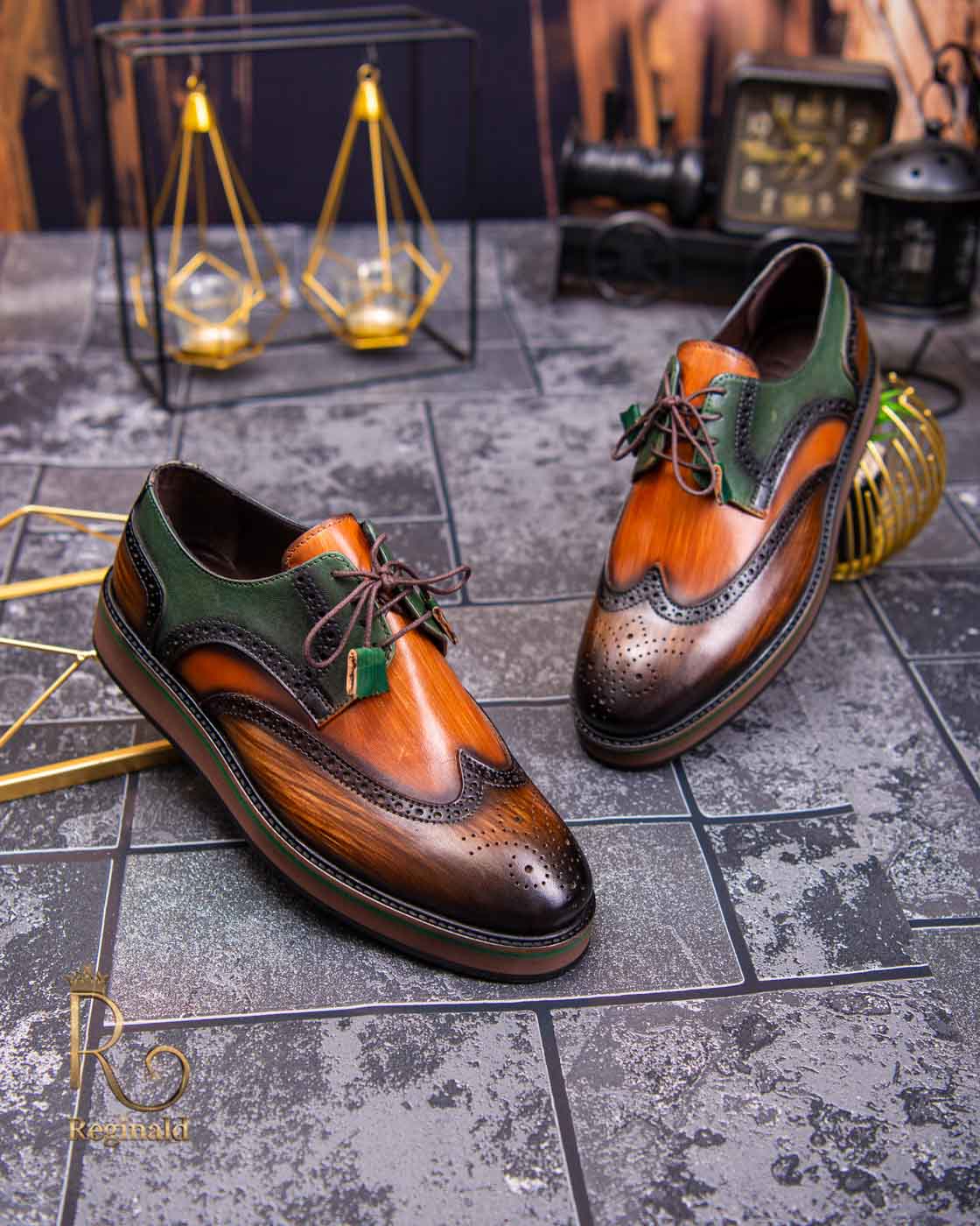 Pantofi Casual de bărbați, din piele naturala, Maro /Verde cu talpa înaltă - P1506 - imagine 2