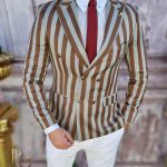 Grey men's blazer with brown stripes, Slim-Fit cut - SC655