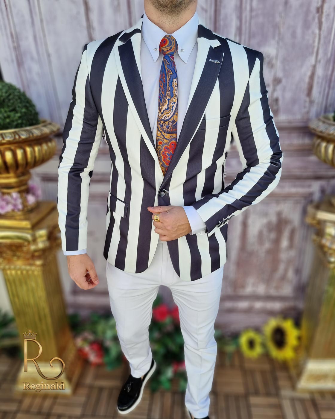 Sacou de bărbați alb in dungi negre, croiala Slim-Fit - SC653 - imagine 2