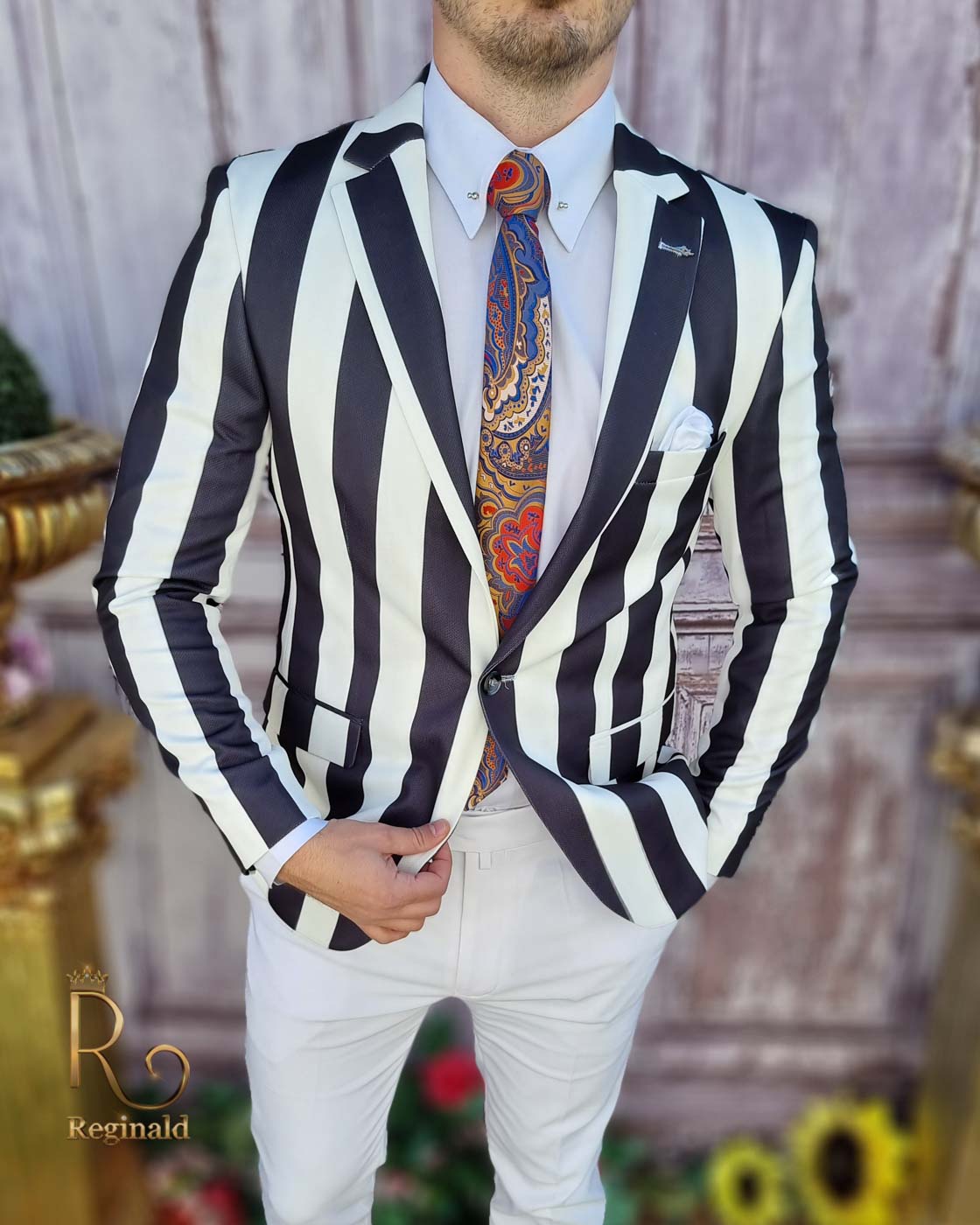 Sacou de bărbați alb in dungi negre, croiala Slim-Fit - SC653 - imagine 3