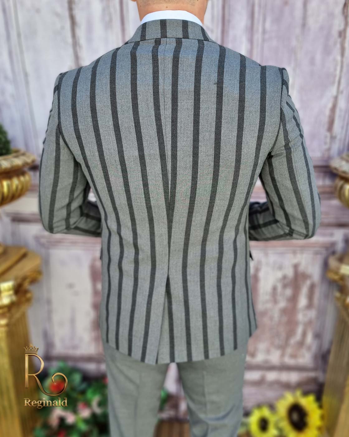Costum de bărbați, Gri cu dungi, Sacou, Vesta si Pantalon - C3617 - imagine 5