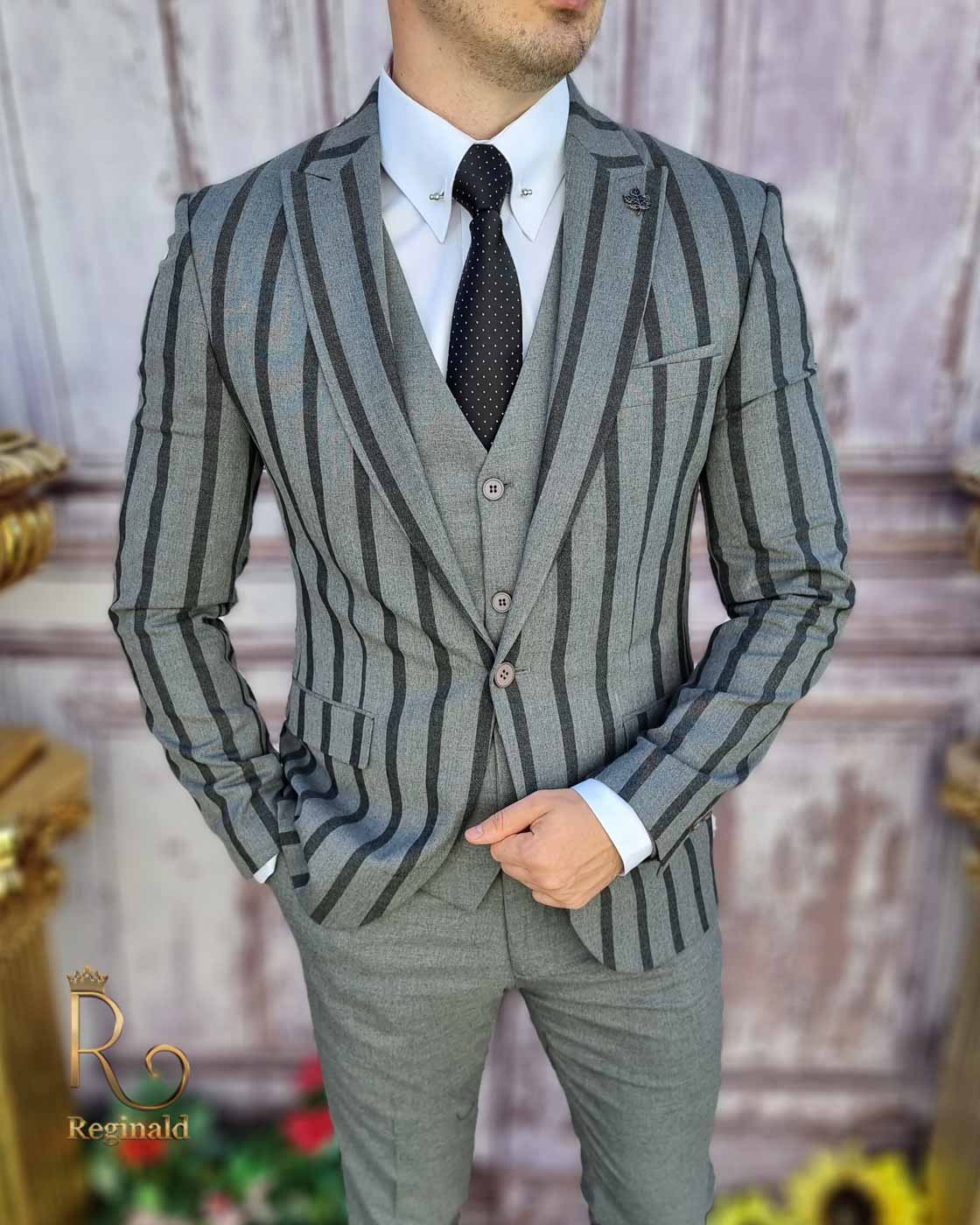 Costum de bărbați, Gri cu dungi, Sacou, Vesta si Pantalon - C3617 - imagine 3