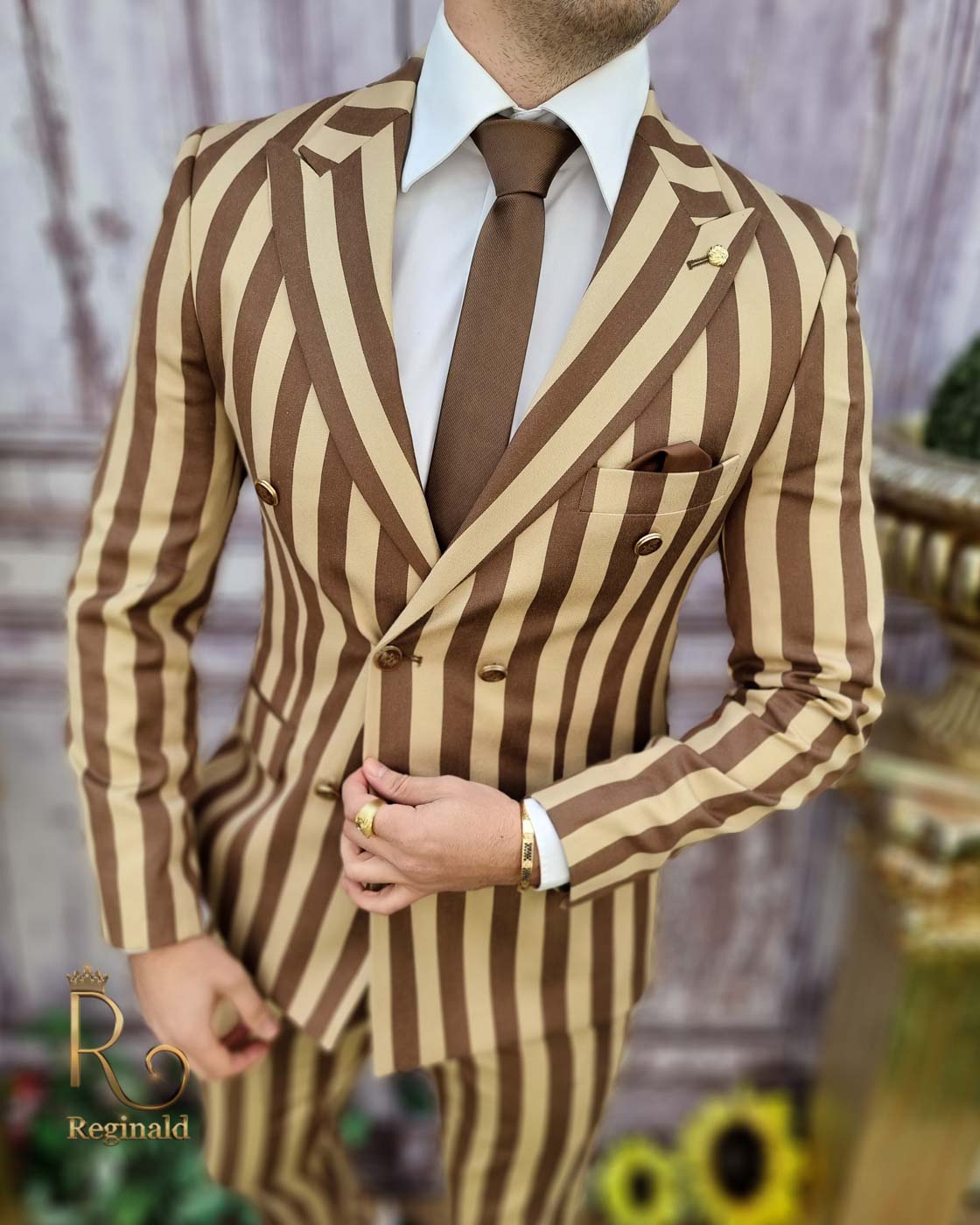 Costum de bărbați cu dungi maro/bej, Sacou si Pantalon - C3571