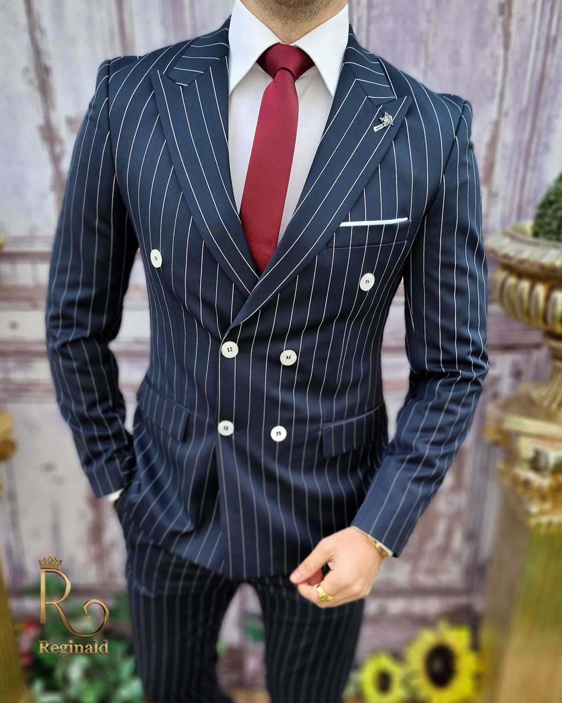 Andrews Navy Blue and Tan Pinstripe Double Breasted Suit – Dionicios Closet
