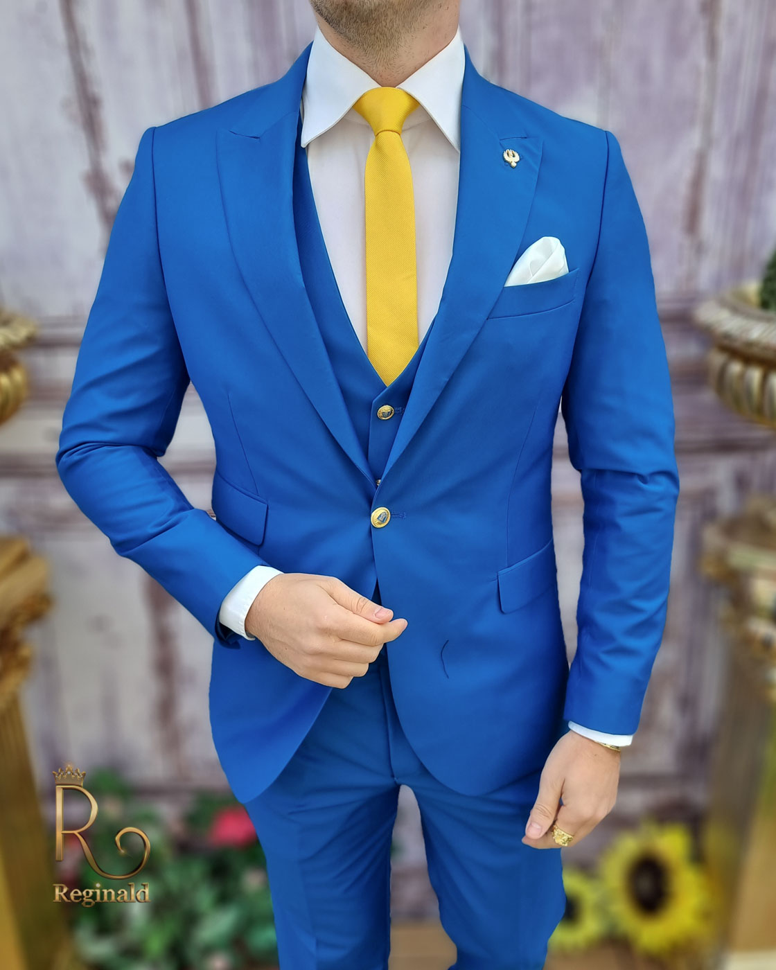 Costum de bărbați, albastru cu nasturi aurii, Sacou, Vesta si Pantalon - C3598 - imagine 2