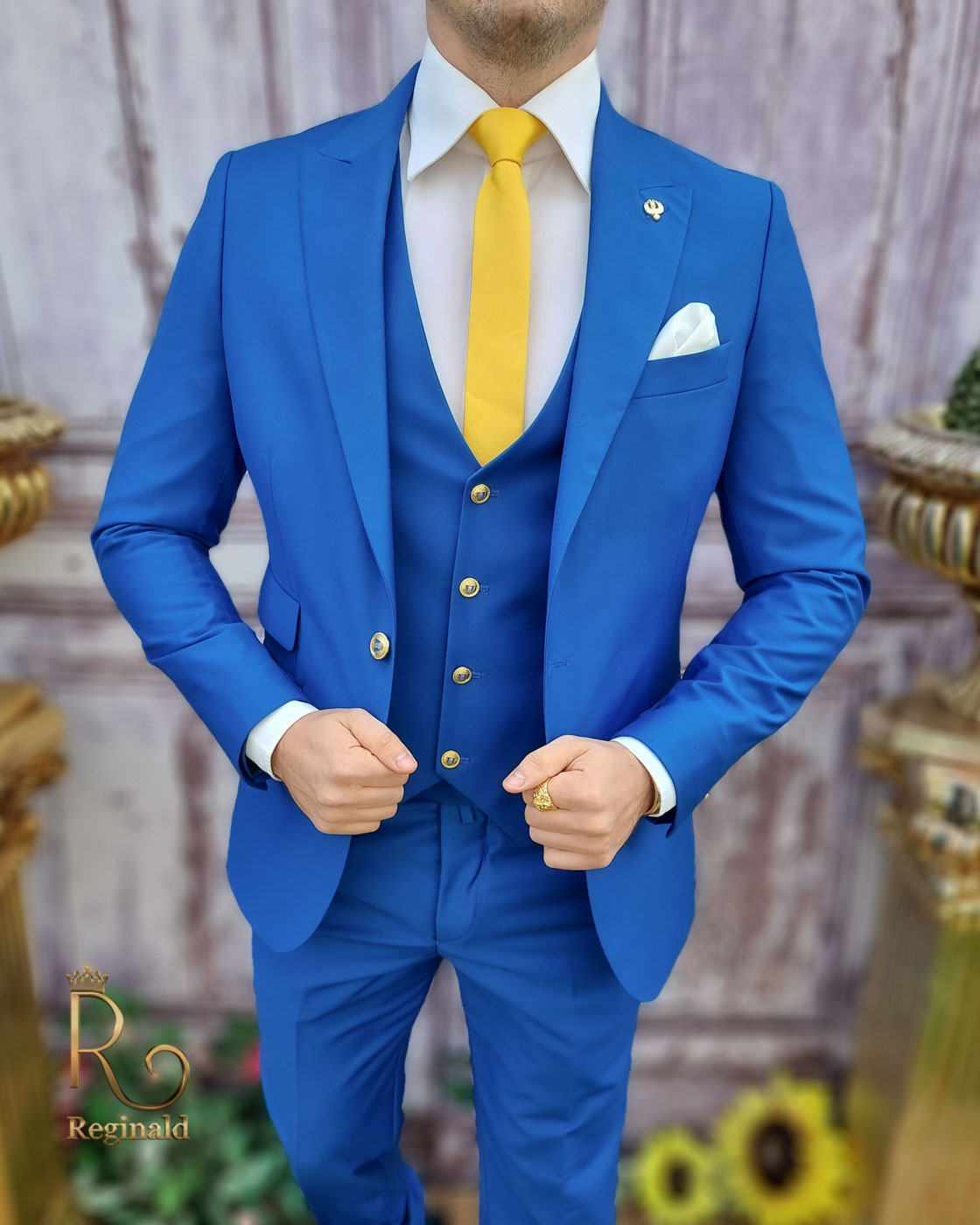 Costum de bărbați, albastru cu nasturi aurii, Sacou, Vesta si Pantalon - C3598