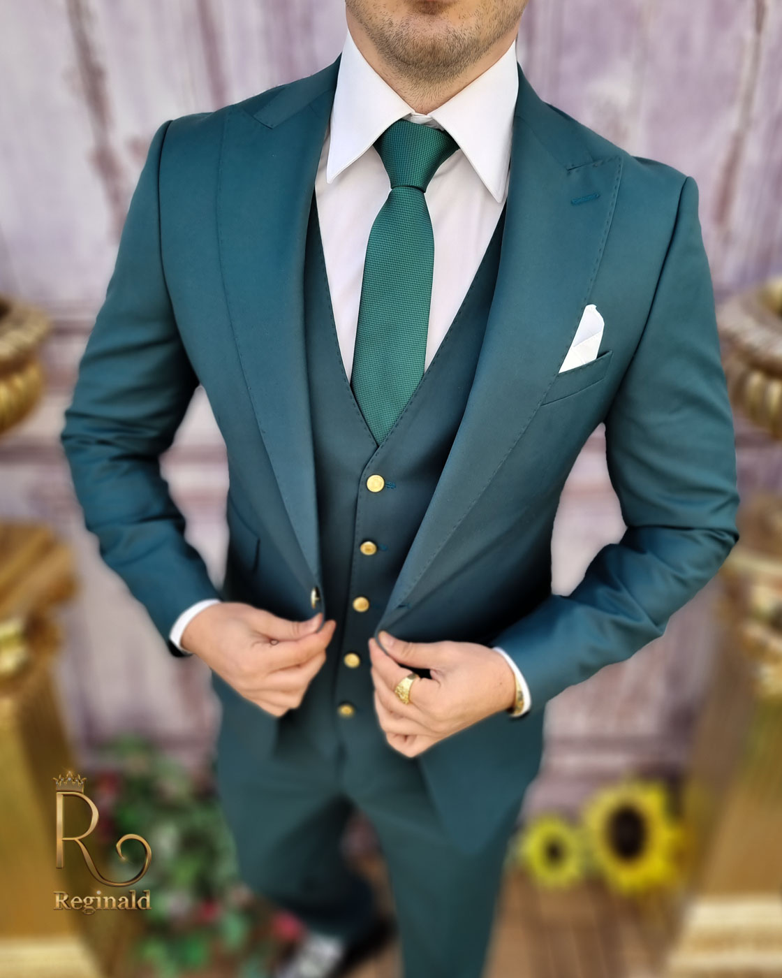 Costum de bărbați, verde cu nasturi aurii, Sacou, Vesta si Pantalon - C3596 - imagine 6