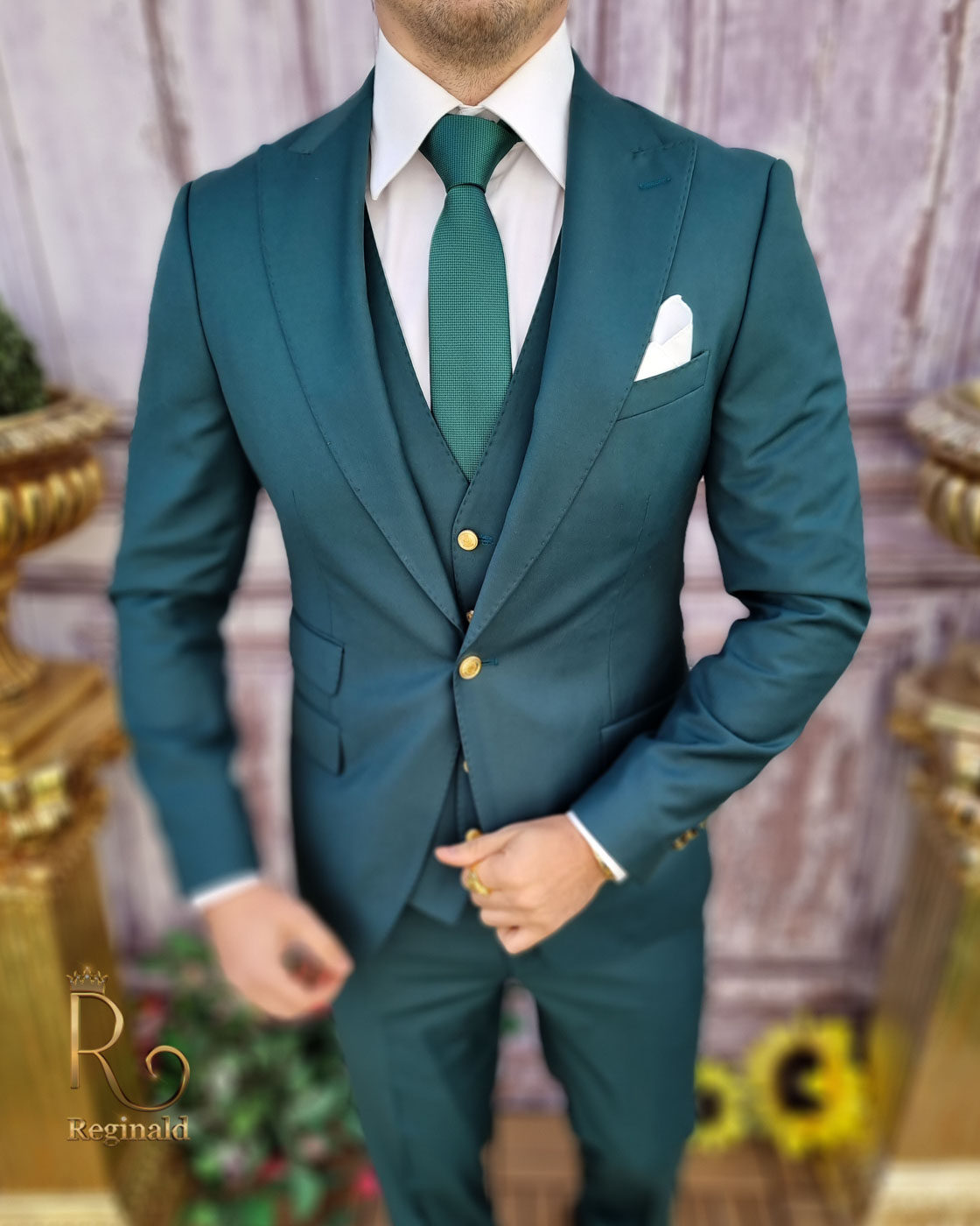 Costum de bărbați, verde cu nasturi aurii, Sacou, Vesta si Pantalon - C3596 - imagine 2