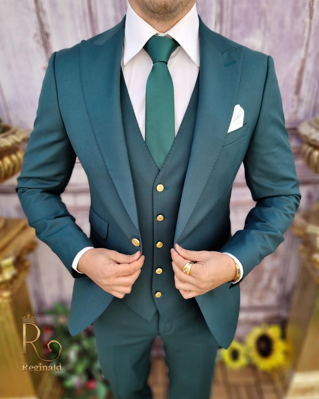 Costum de bărbați, verde cu nasturi aurii, Sacou, Vesta si Pantalon - C3596