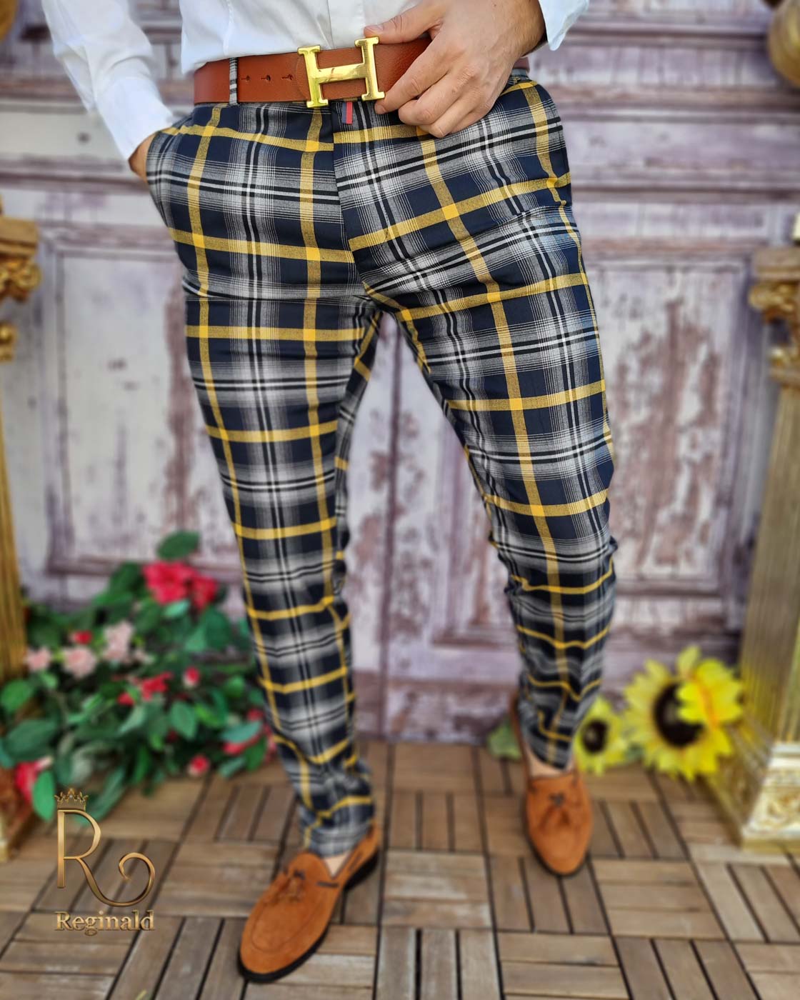 Pantaloni eleganți de bărbați, Slim Fit, Bleumarin cu dungi galbene - PN648