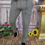 Pantalon décontracté coupe slim, gris foncé, avec cordon et ourlet retourné - PN658