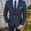 Sacou de bărbați double breasted bleumarin in dungi, croiala Slim-Fit - SC619