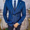 Sacou de bărbați double breasted bleumarin in dungi albastre, croiala Slim-Fit - SC621