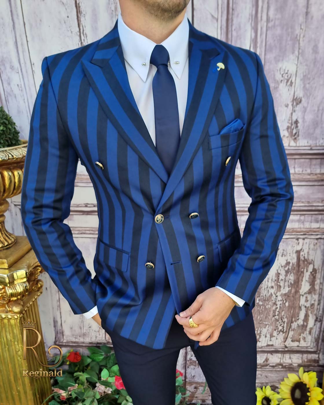 Sacou de bărbați double breasted bleumarin in dungi albastre, croiala Slim-Fit - SC621 - imagine 3