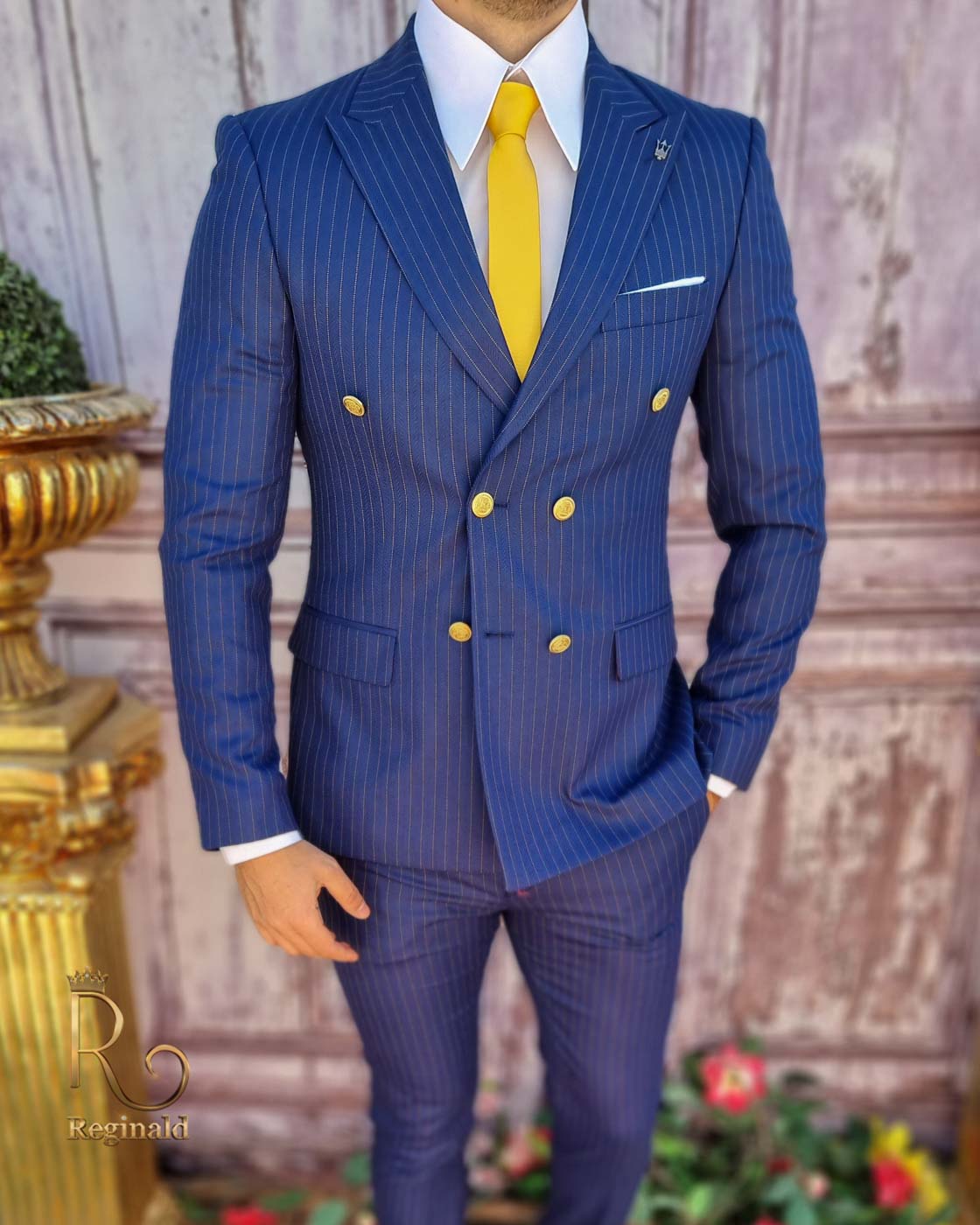 Costum de bărbați, Albastru cu dungi albe, Sacou cu butoni aurii si Pantalon - C3693
