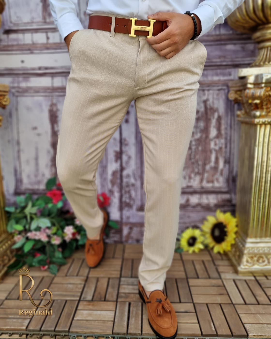 Pantaloni eleganți de bărbați, Bej cu dungi, Slim Fit si Conici - PN672