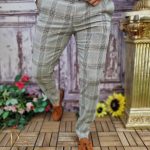 Pantaloni eleganți de bărbați, Gri in carouri , Slim Fit si Conici - PN679