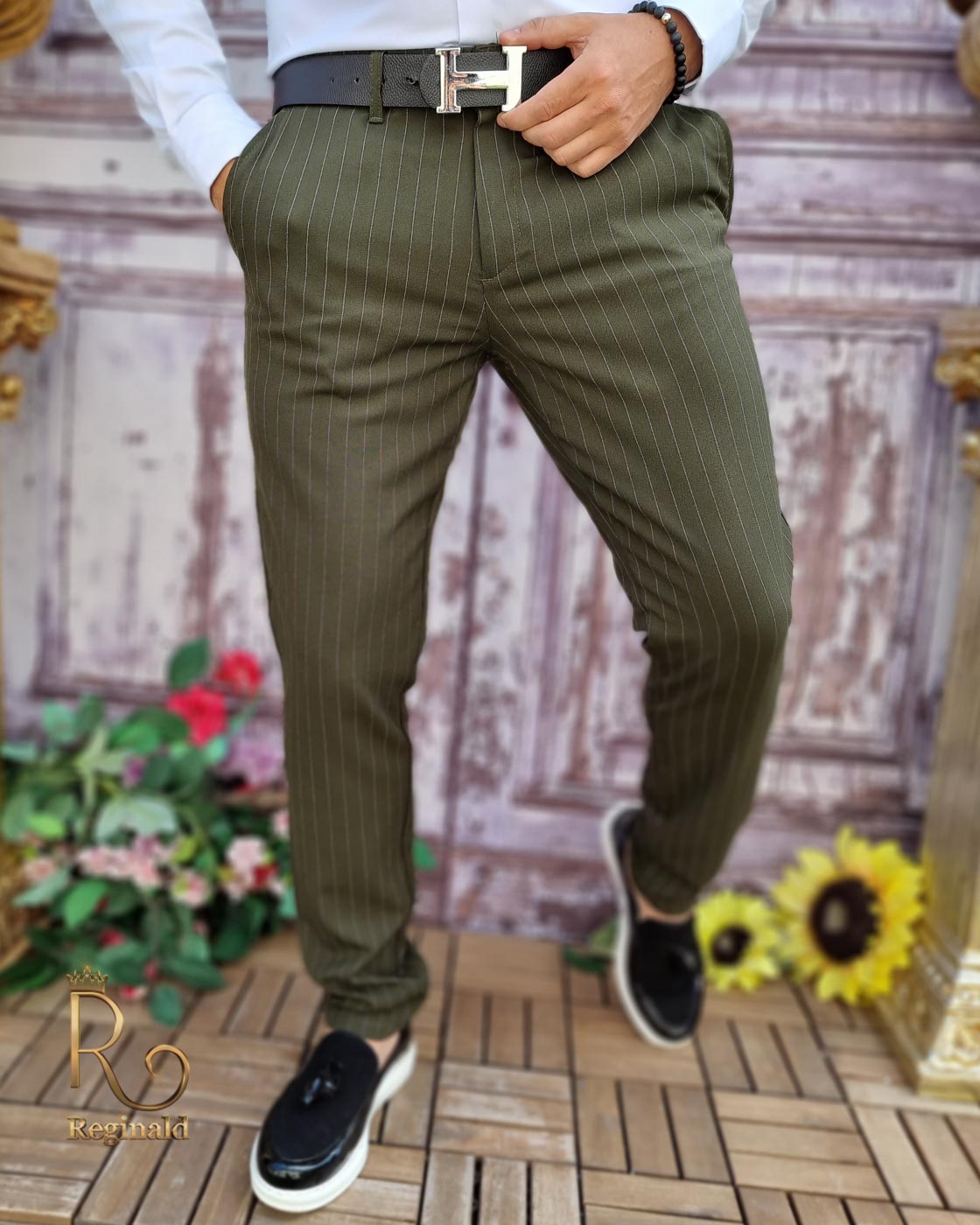 Elegante bukser til mænd, Grøn med striber, Slim Fit og Tapered PN667