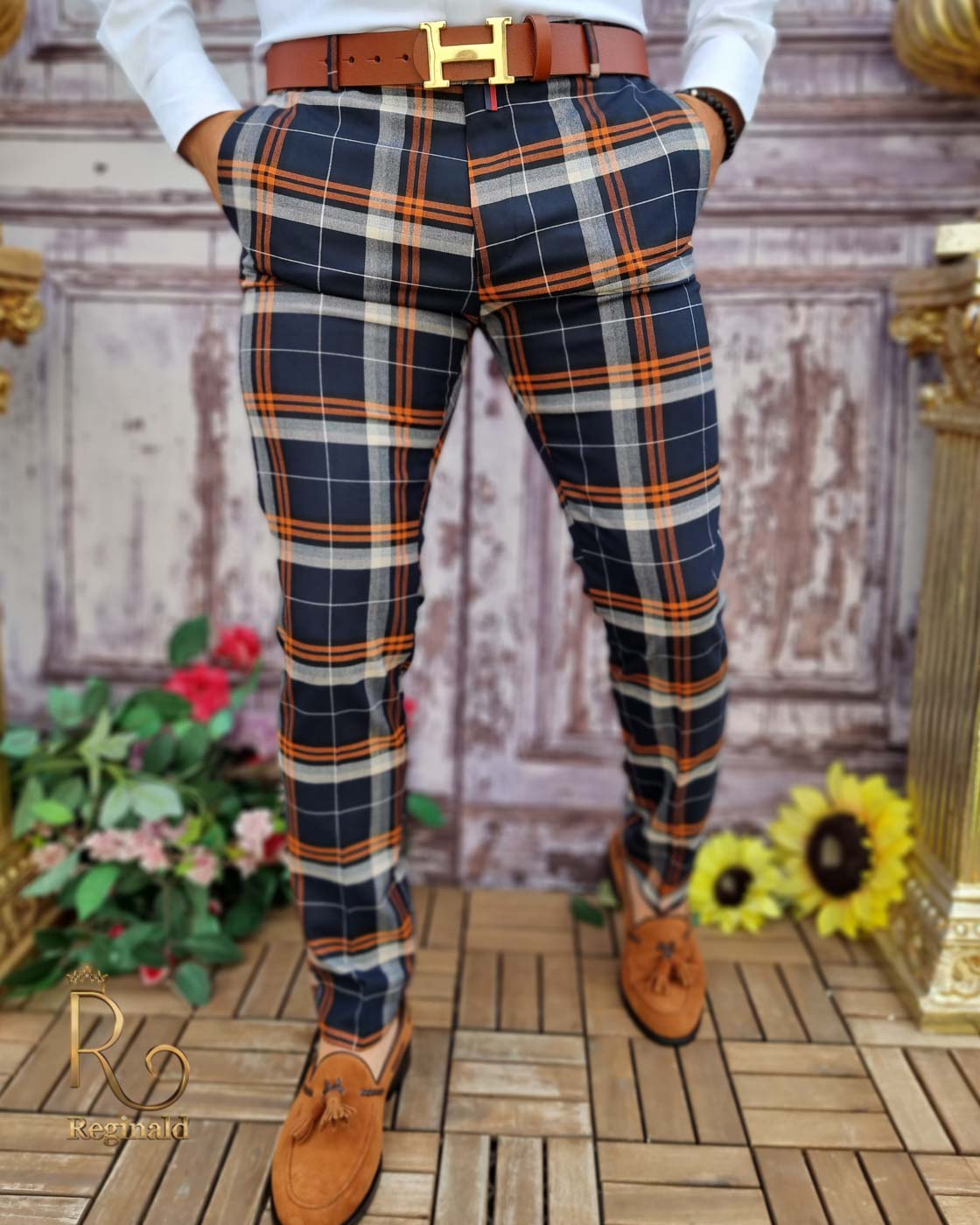 Pantaloni eleganți de bărbați, Bleumarin in carouri , Slim Fit si Conici - PN678