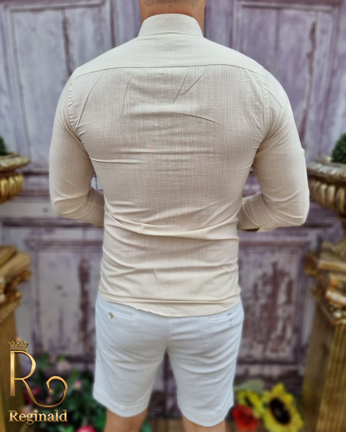 Cămașă bej de bărbați, guler tunica, textura in - CR58 - imagine 3