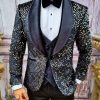 Costum de ceremonie, Slim Fit, Negru cu paiete, Sacou, Vesta, Pantalon si Papion - C3836
