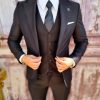 Costum de bărbați, Slim Fit, Negru, Sacou, Vesta si Pantalon - C3710