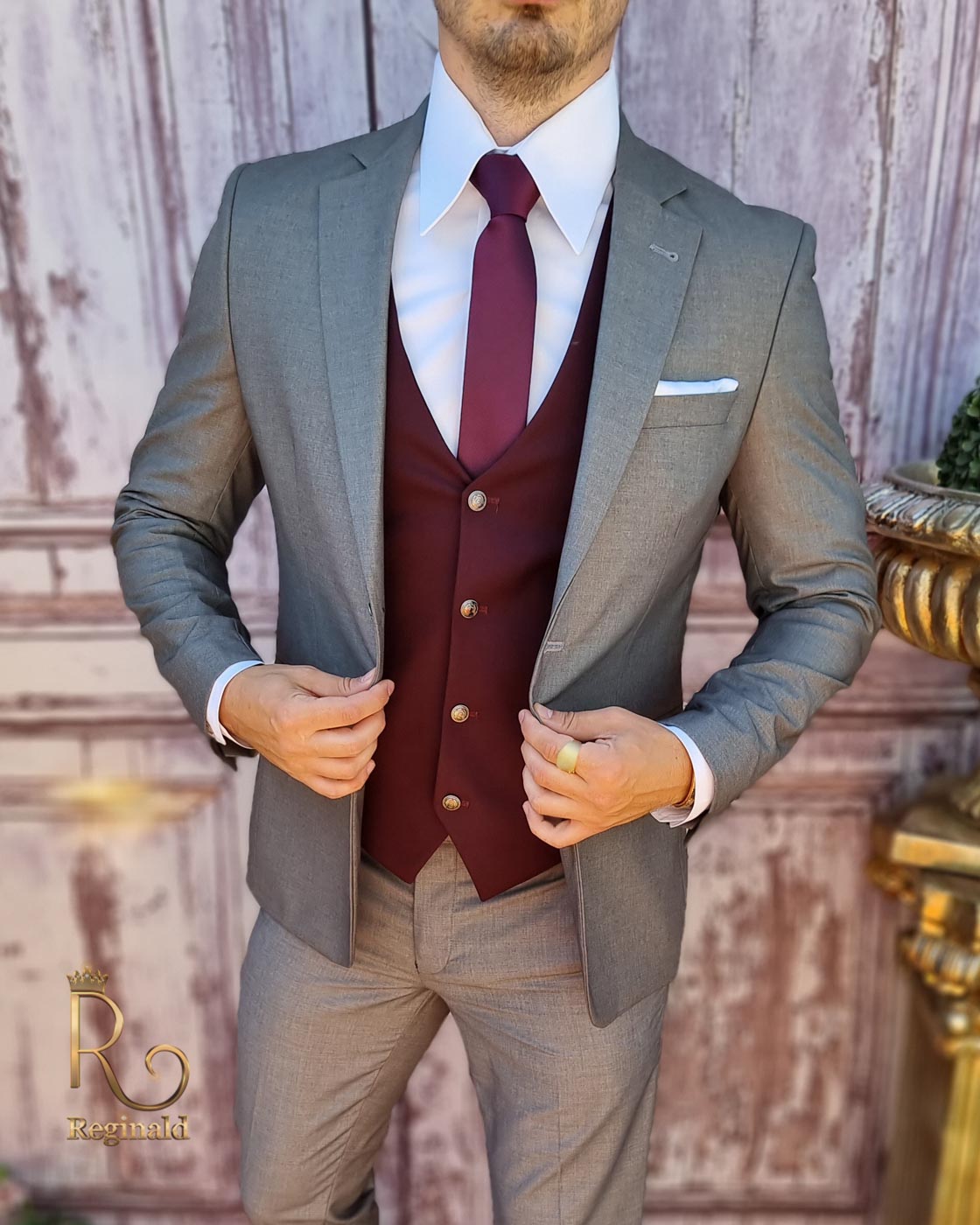 Costum elegant de bărbați, Slim Fit, Sacou, Vesta si Pantalon - C3717 - imagine 3