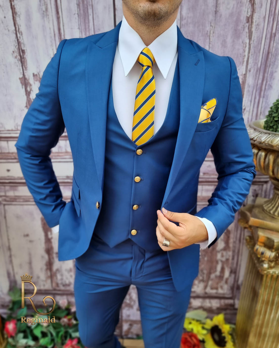 jakkesæt, blå, jakke, vest gyldne knapper bukser C3842