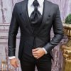 Costum Negru de ceremonie, Slim Fit, Sacou, Vesta, Pantalon si Cravata - C3808