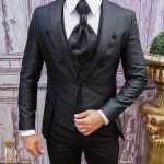 Costume de cérémonie noir, coupe slim, veste, gilet, pantalon et cravate - C3808