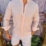 Men's pink shirt, mandarin collar, linen texture - CR71