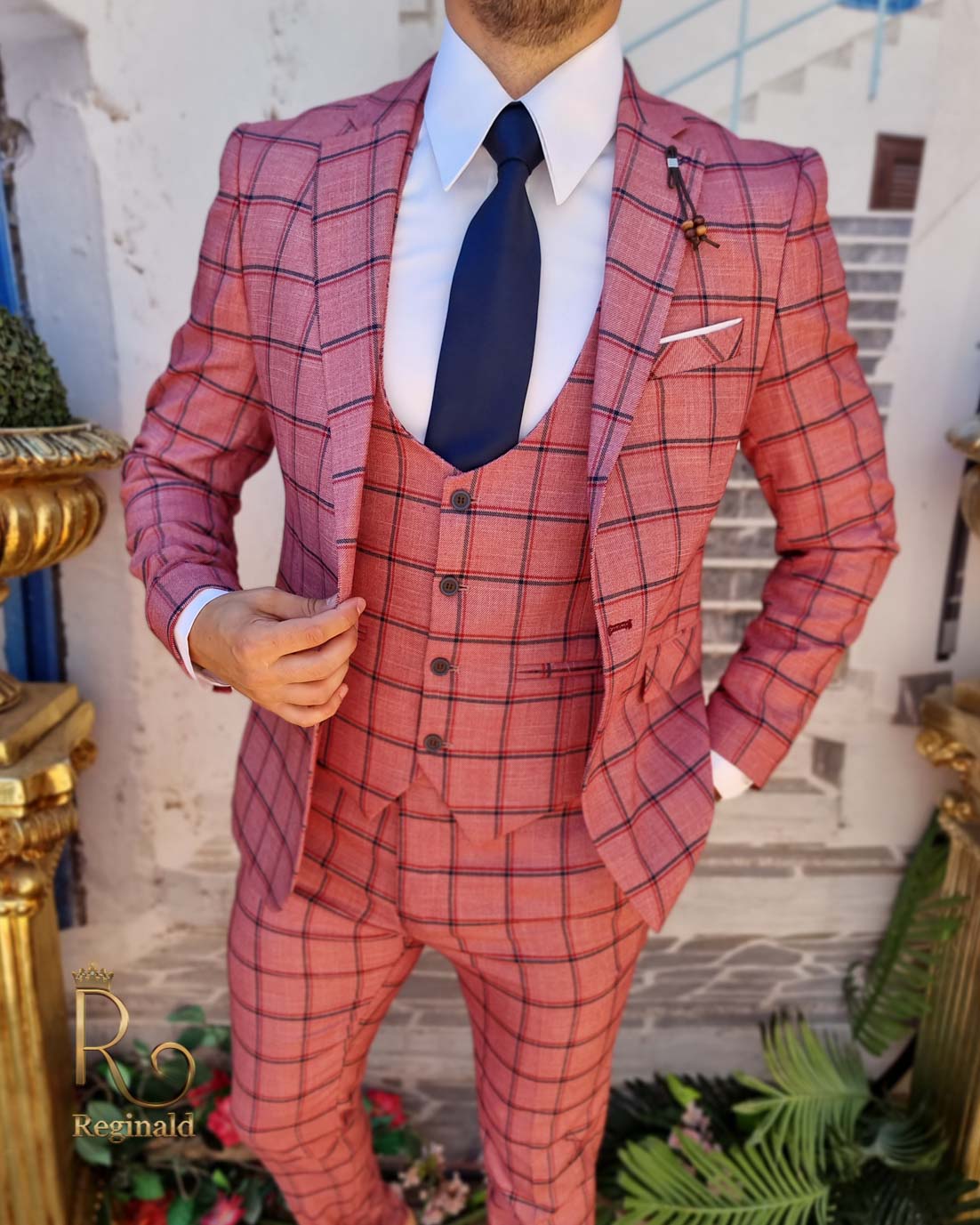 Costum de barbati, Slim Fit, Roz in carouri, Sacou, Vesta si Pantalon - C1607 - imagine 3