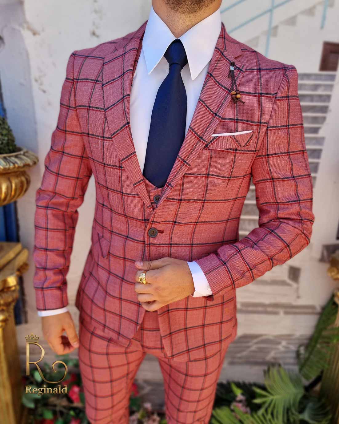 Costum de barbati, Slim Fit, Roz in carouri, Sacou, Vesta si Pantalon - C1607 - imagine 4