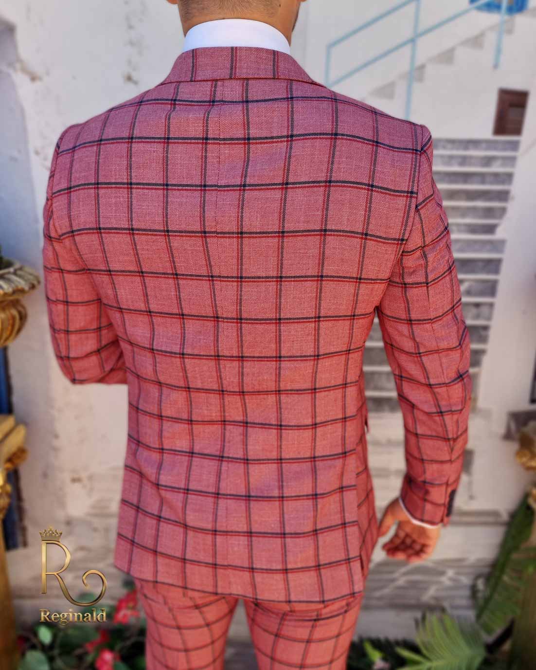 Costum de barbati, Slim Fit, Roz in carouri, Sacou, Vesta si Pantalon - C1607 - imagine 6